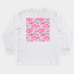 Cherry blossom watercolor fashion and home decor blue background Kids Long Sleeve T-Shirt